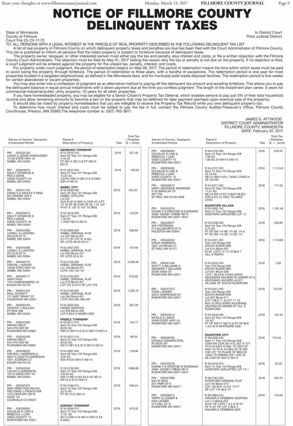 Notice of Fillmore County Delinquent Taxes