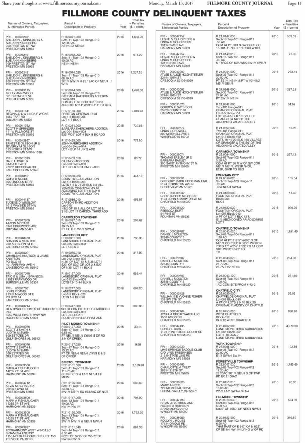 Notice of Fillmore County Delinquent Taxes