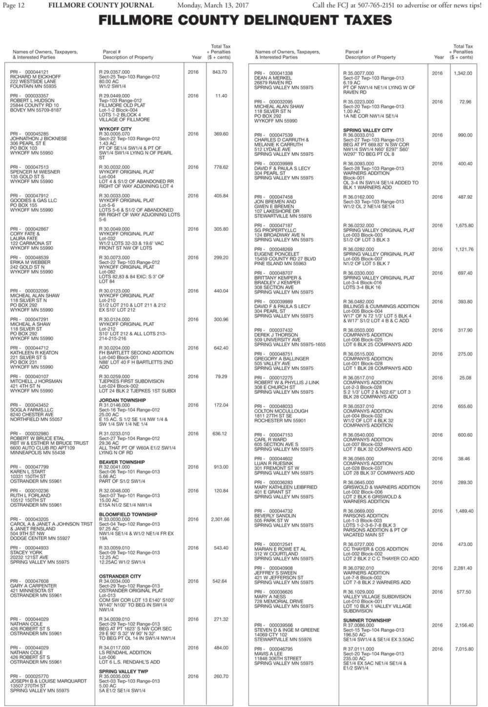 Notice of Fillmore County Delinquent Taxes