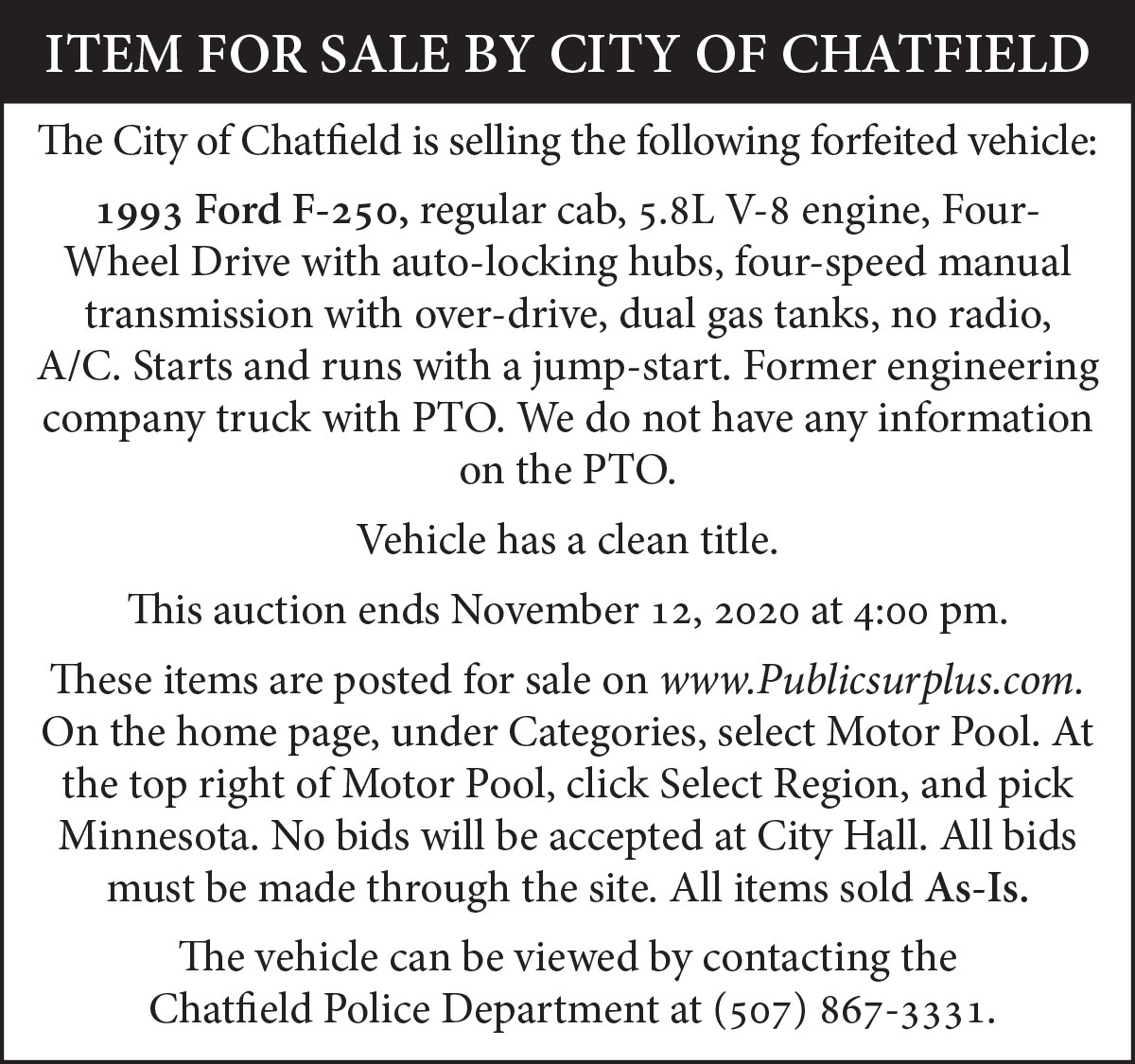 Item for Sale by the City of Chatfield