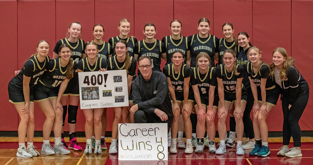 Caledonia girls basketball is on a roll (11-0, 18-2), and that included getting long-time head coach Scott Sorenson a big personal milestone. In a 76-45 win over Chatfield, Sorenson recorded his 400th career win. The Warriors went 3-0 on the week including beating Cotter, a win that shored up a share of the TRC-East title. Photo by Leif Erickson