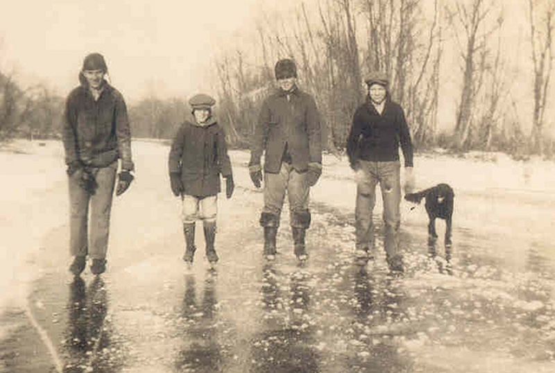 Ice skating on the Hahn farm, ca 1929. From left are Lester Luttchens, Ray Hahn, Otto Luttchens, Ed Hahn and Rex, the dog. Photo submitted