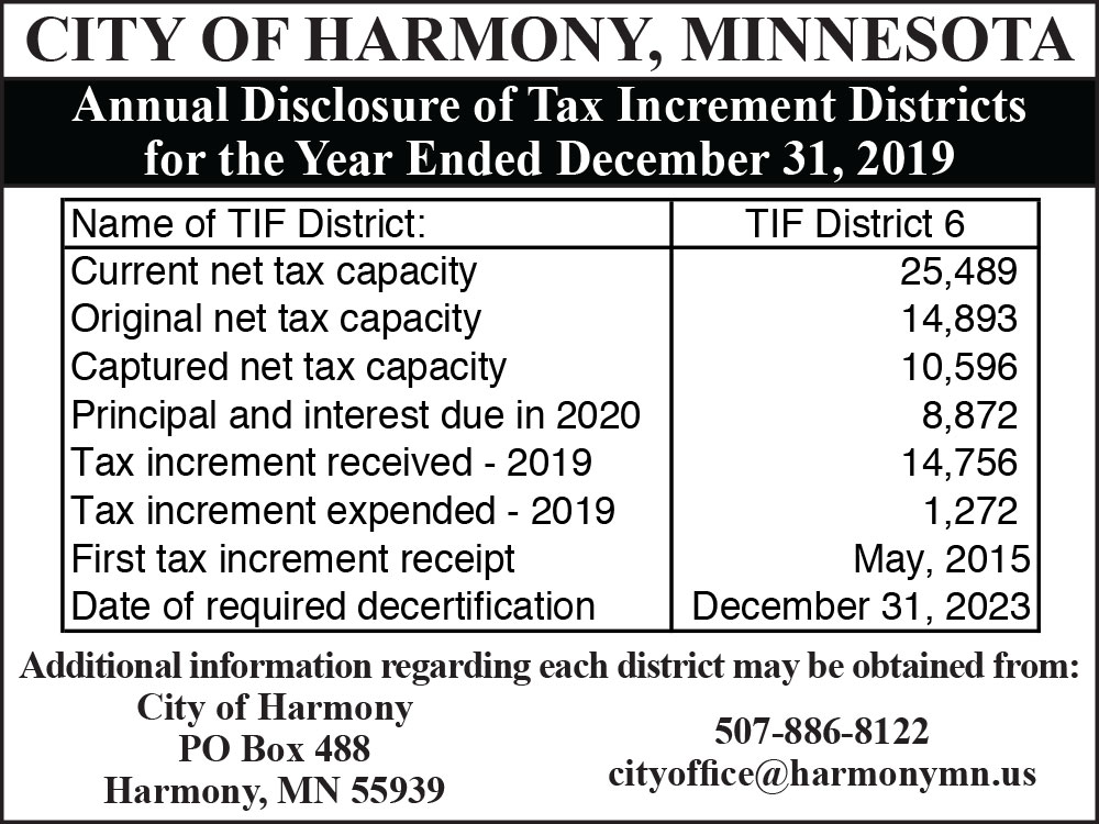 Fillmore County Journal - City of Harmony 2019 Annual Disclosure of Tax Increment Districts
