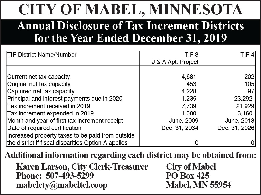Fillmore County Journal - City of Mabel 2019 Annual Disclosure Report