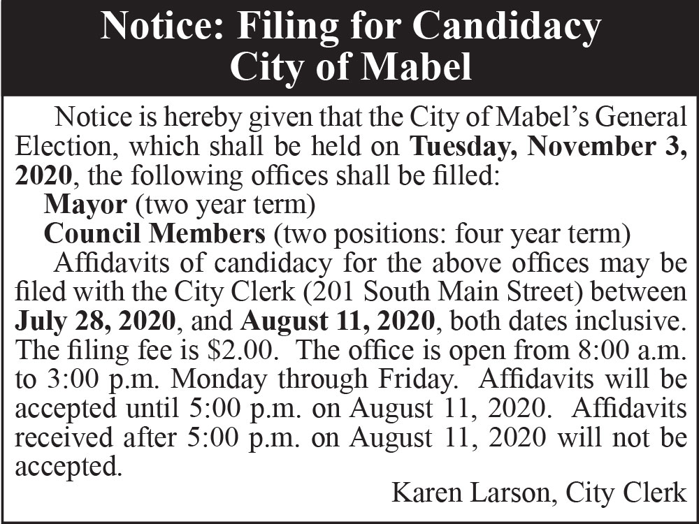 Fillmore County Journal - City of Mabel Filing for Candidacy