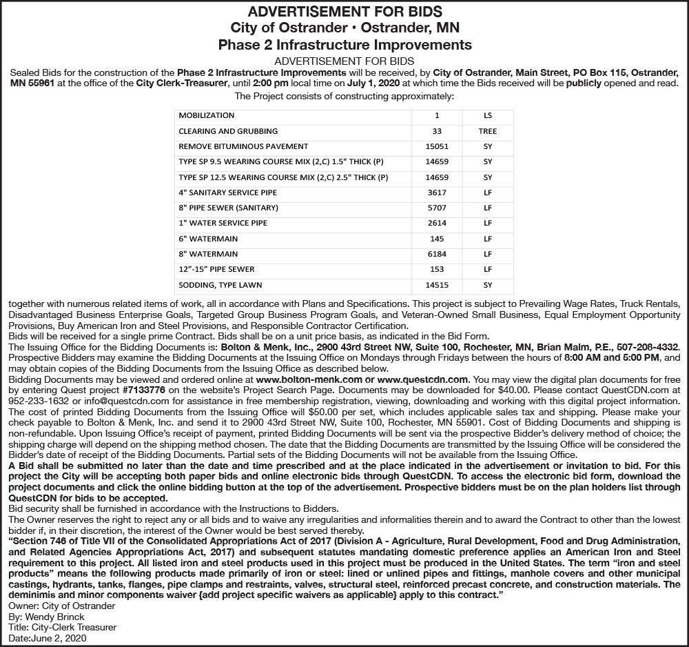 Fillmore County Journal - City of Ostrander Phase 2 Infrastructure