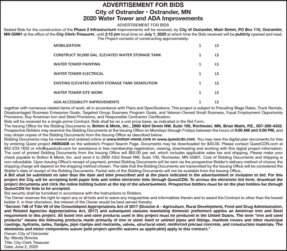 Fillmore County Journal City of Ostrander Water Tower and ADA