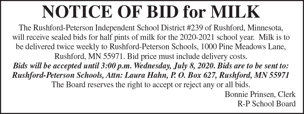Fillmore County Journal - Notice of bid for milk products