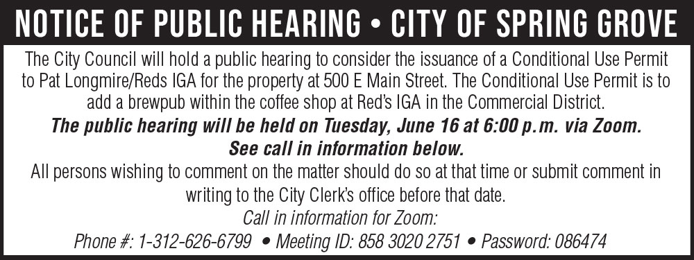 Fillmore County Journal - Spring Grove Notice of Public Hearing
