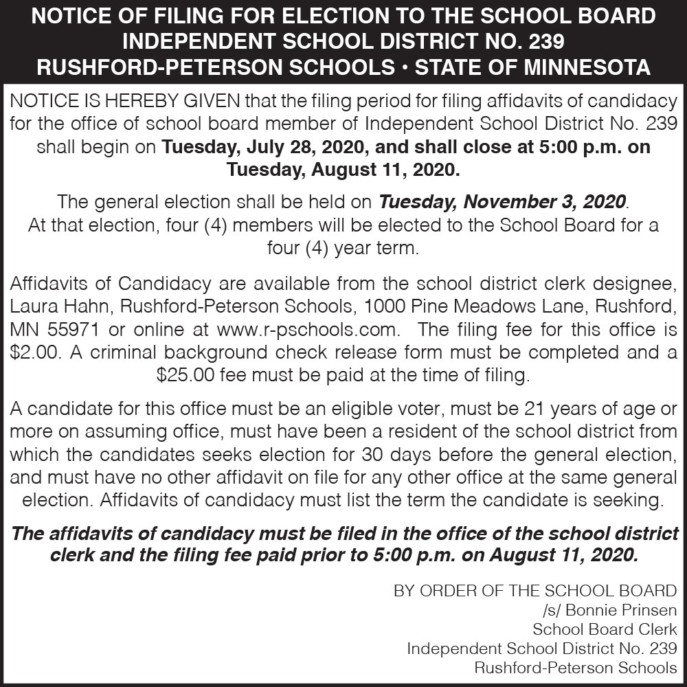 Fillmore County Journal - Notice of Filing Dates for Election to the School Board - Rushford-Peterson