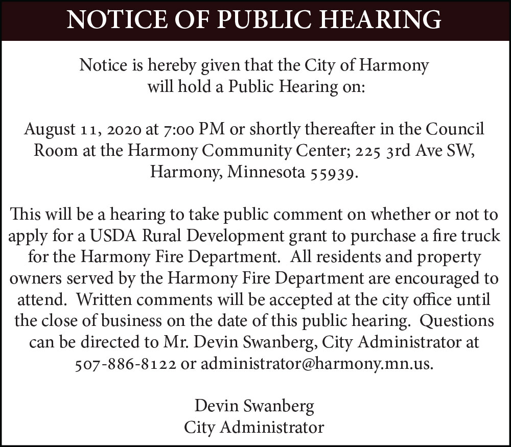 Fillmore County Journal - City of Harmony Notice of Public Hearing: Fire Truck