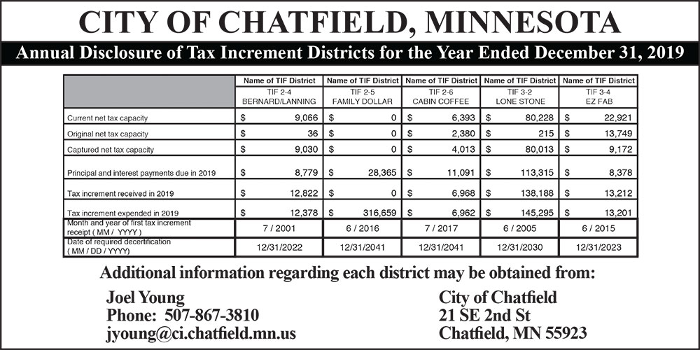 Fillmore County Journal - City of Chatfield Annual Disclosure Report