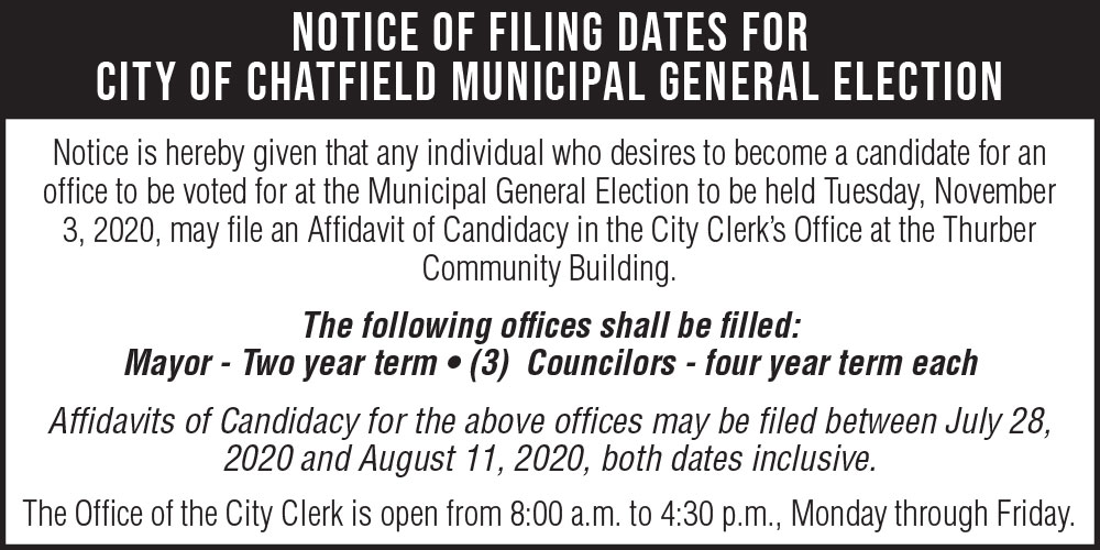 Fillmore County Journal - Notice of Filing for the City of Chatfield