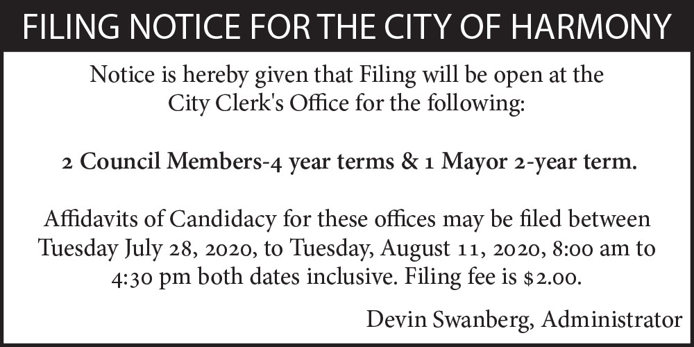 Fillmore County Journal - City of Harmony Filing Notice