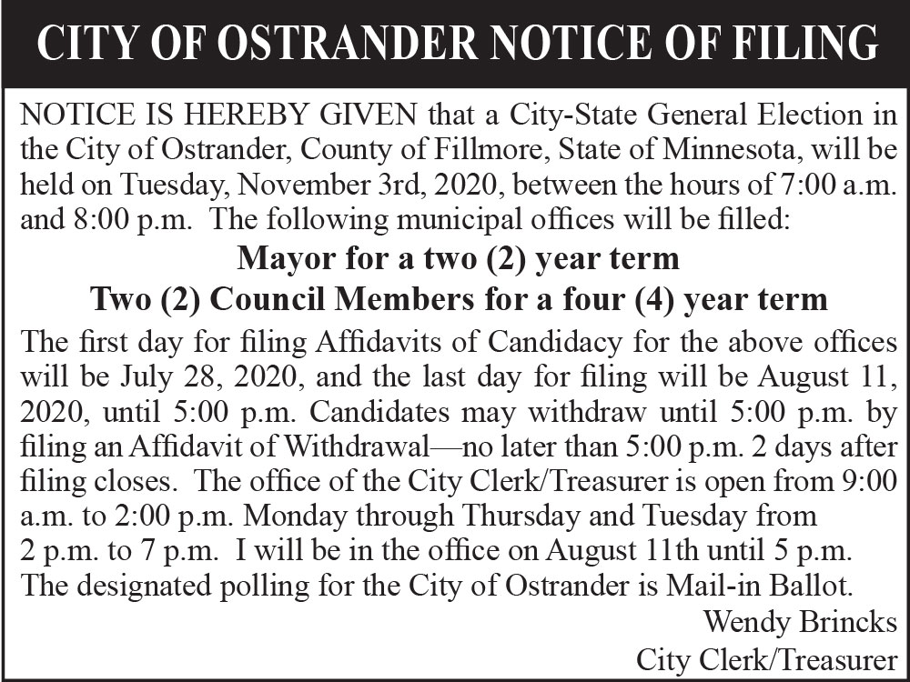 Fillmore County Journal - City of Ostrander Notice of Filing
