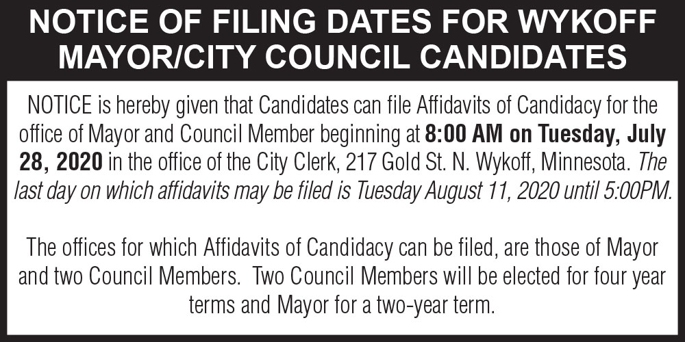 Fillmore County Journal - Notice of Filing Dates for Wykoff