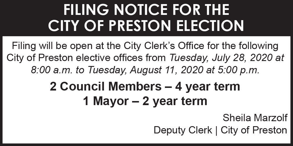 Fillmore County Journal - Filing Notice for the City of Preston Election