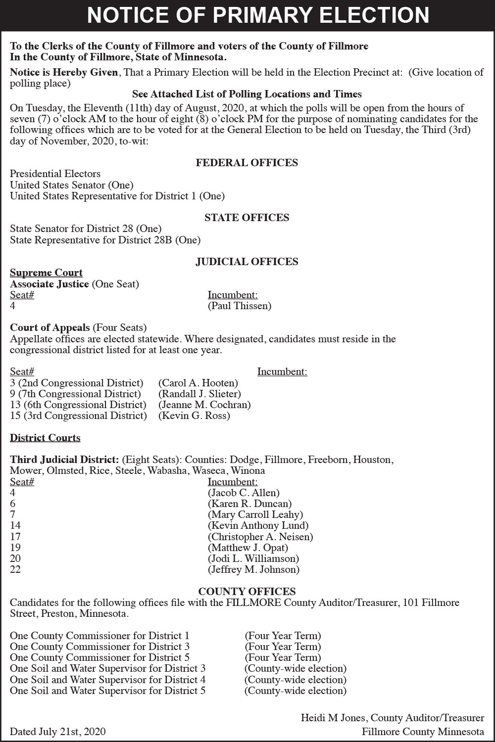 Fillmore County Journal - Fillmore County Notice of Primary Election