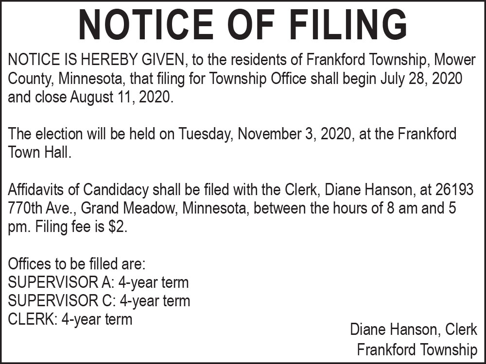 Fillmore County Journal - Frankford Township Notice of Filing