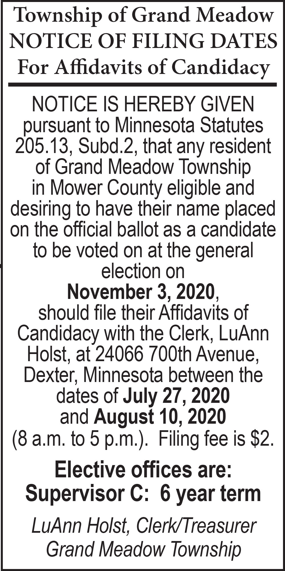 Fillmore County Journal - Grand Meadow Township Notice of Filing Dates