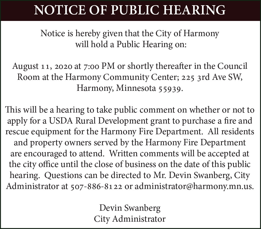Fillmore County Journal - Fillmore County - City of Harmony Notice of Public Hearing - Fire Equipment