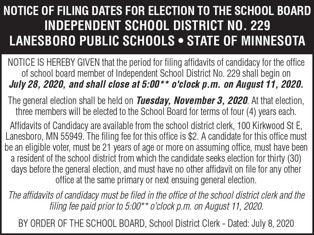 Lanesboro Public Schools Filing Notice