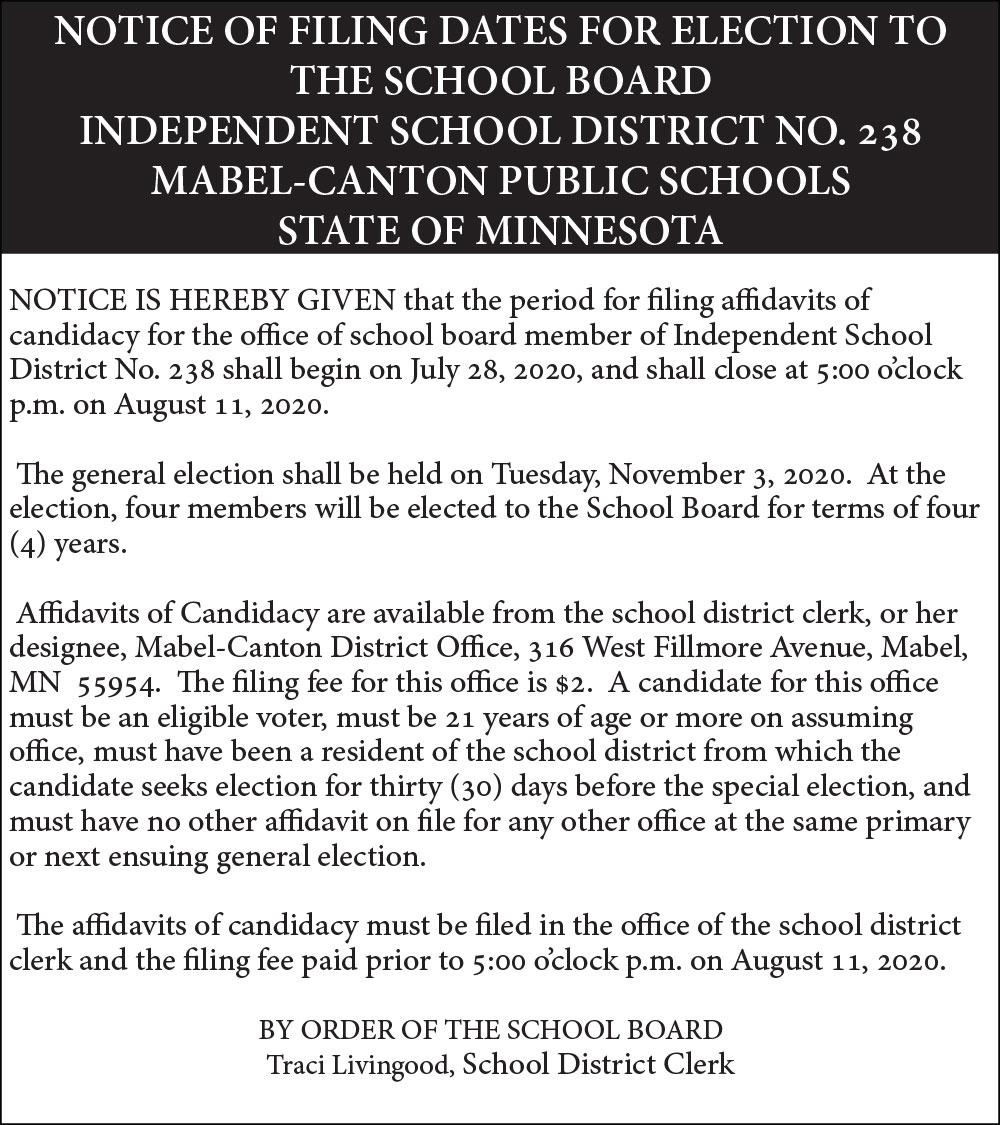 Fillmore County Journal - Mabel-Canton Schools Notice of Filing