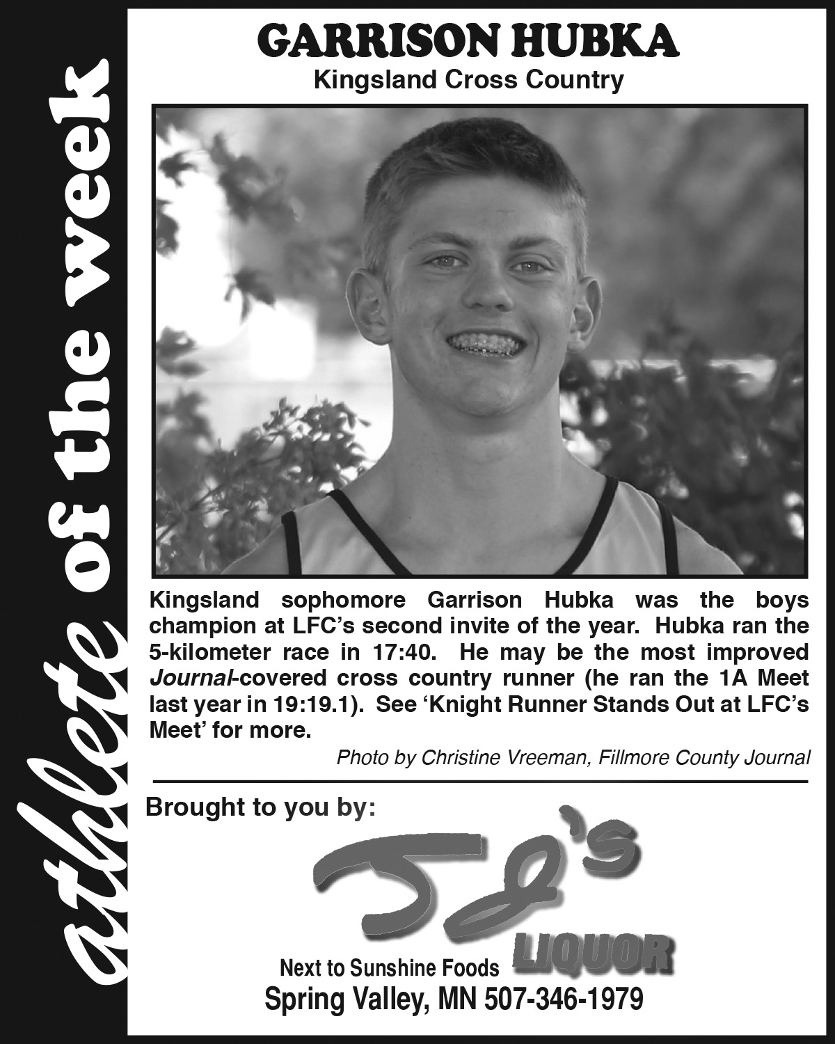 Fillmore County Journal - Athlete of the Week Garrison Hubka