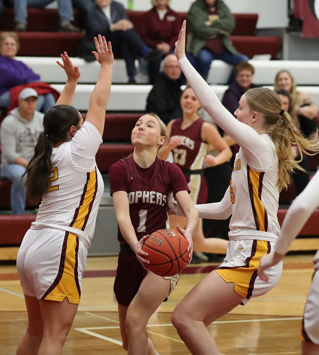 Gopher, Grace Schroeder has the ball as Pine Island surrounds her.