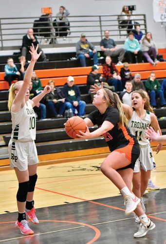 Lanesboro's Hailey Erickson shoots around R-P's Taylor helgemoe