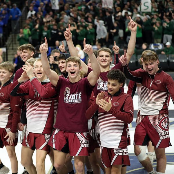 Wyatt Jacobson, Carson Rowland, Ayden Miner, Javier Berg, and Kail Schott are celebrating.