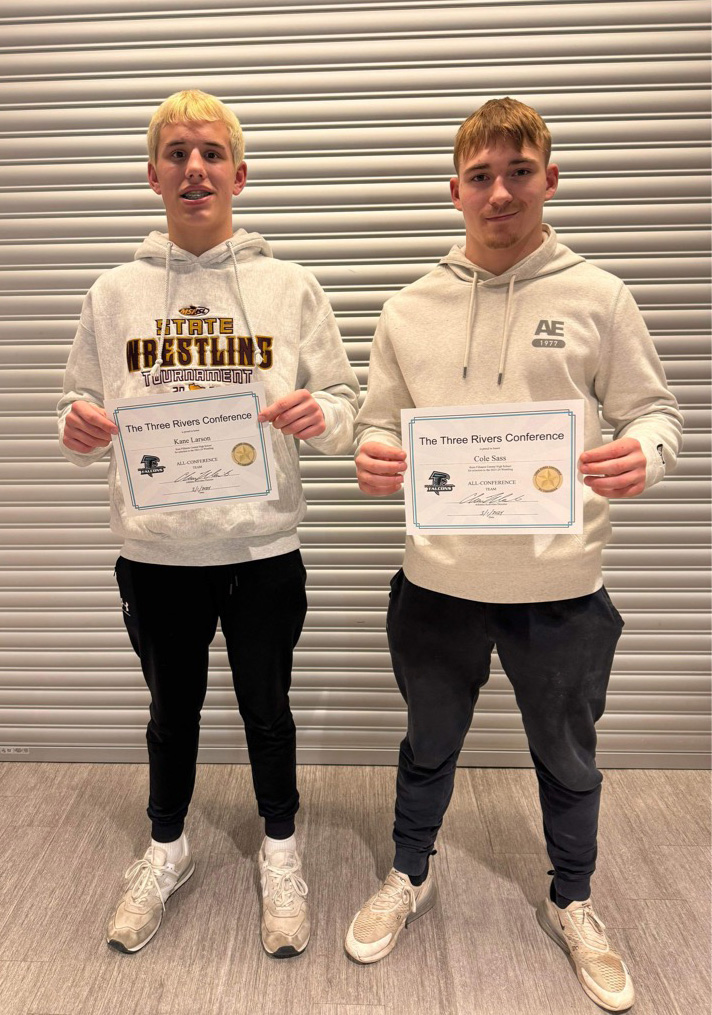 FCLMC wrestling held its awards banquet. The Wolves’ two All-TRC selections were sophomore Kane Larson (left) and junior Cole Sass (right). Photo by Deb Finseth