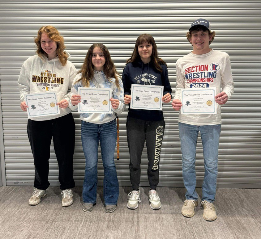 FCLMC wrestling held its award banquet. Girls Katie Whelan, Charlotte Ferrie, Vivienne Hoeltzle, and guy Connor Wingert earned All-TRC honorable mention. Photo by Deb Finseth