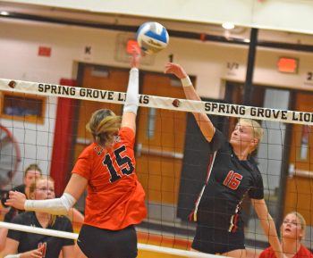 Spring Grove's Joelle Halverson and Lanesboro's Taylor Hanson vie for the ball