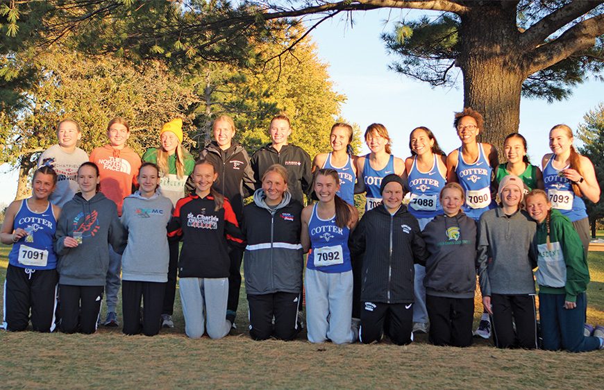 Finishing top 21 and making All-conference in the Three Rivers for cross country are the above female runners. Included in the back row are Chatfield’s Charlotte Oeltjen, LARPH’s Caitlin Bauer, LFC’s Lillyan Kiehne, and Chatfield’s Lexi Kivimagi (first, second, fourth, and fifth from left respectively). Included in the front row are LFC’s Grace Kingsley, Charity Kingsley, GMLOS’ Naomi Warmka, Kingsland’s Kylie Meyer, and LARPH’s Vada Larson (second, third, fifth, seventh, and eighth from left respectively). Photo by Paul Trende