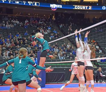 Fillmore Central freshman Maddie Zwart skies for a shot in the Falcons’ state semifinal versus Minneota. A revelation for the Falcons, Zwart led FC in kills at state with 37 across three matches, pretty good for a girl who was moved to varsity late in the year. Photo by Deb Finseth