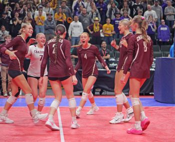 Chatfield’s most used six players (left to right) Trindy Barkeim, Hannah Tweten, Cora Bicknese (#2), Jaelyn LaPlante, Kylin Schroeder, and Harper Goldsmith converge amidst their state third place match. Said group helped lead the Gophers on a splendid 29-6, 1AA champ, state 4th place run. Photo by Paul Trende