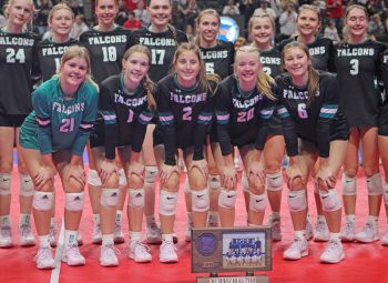 Fillmore Central’s five seniors, Lily Miller, Ella Dahly, Brooklyn Simon, Annika Mensink and Izzy Nagel are front and center with the Falcons’ state 4th place trophy. FC went on a highly-memorable post-season run in its second-ever state berth. Photo by Paul Trende