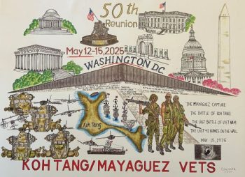 The collage drawing done by Clark Wiger for the May 12-15, 2025, reunion to be held in Washington, D.C. to commemorate the 50th reunion of Koh Tang. Photo by Wanda Hanson