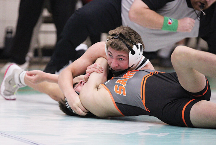 LARP’s Christian Zibrowski has St. Charles’ Miles Barclay fighting against the pin in the teams’ dual at FCLMC triangular. Zibrowski won the match by second period pin.