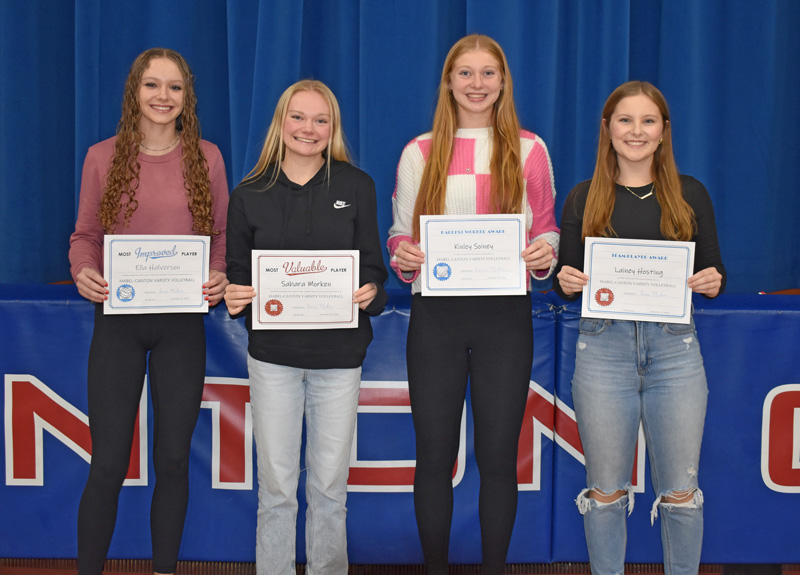 Mabel-Canton announced its volleyball team awards. Ella Halverson (Most Improved Player), Sahara Morken (Most Valuable Player), Kinley Soiney (Hardest Worker), and Lainey Hosting (Team Player) are the recipients. Photo by Heather Kleiboer