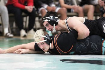 LARP’s Zach Plank has top position on FCLMC’s Cole Sass in the team’s dual at the Wolves’ triangular. Plank authored a third period pin in the match, as the S-Eagles swept the Wolves and St. Charles, then went 5-0 at the Spamtown Duals to start the season 7-0.