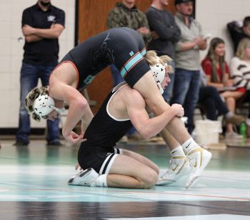 LARP’s Carter Cady looks to turn and spill FCLMC’s Quinci Kaase at the Wolves’ home triangular. Cady posted a 19-3 tech fall win in the match, as the Screamin’ Eagles took the dual 64-12.