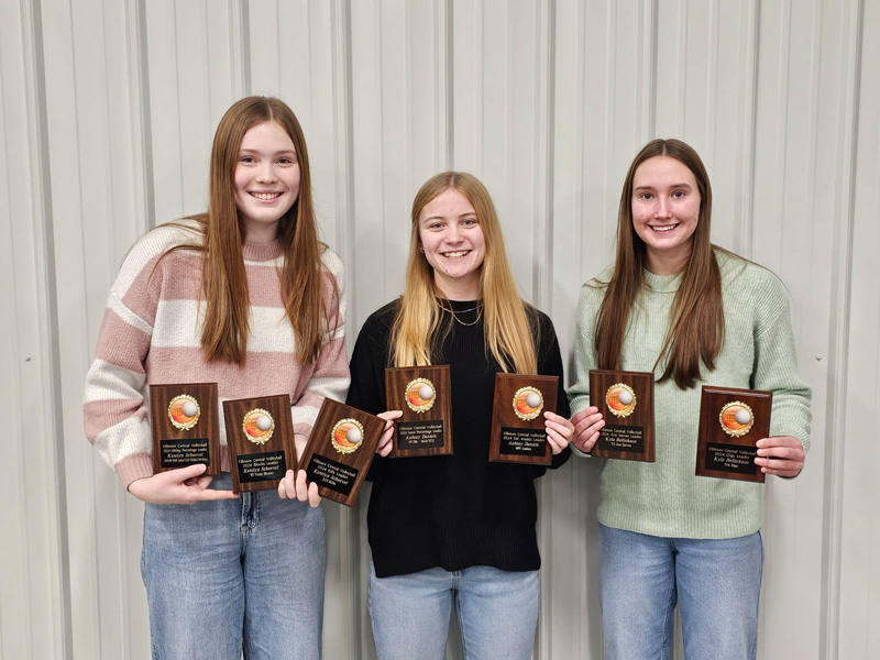 Fillmore Central announced its volleyball team awards. Katelyn Scheevel (kills, blocks, and hitting percentage leader), Aubrey Daniels (assists and serve percentage leader), and Kyla Hellickson (digs and ace serves leader) were the recipients for leading the team in individual categories. Photo by Chris Mensink