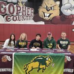 Chatfield’s Javier Berg recently signed a letter of intent to wrestle collegiately at North Dakota State. Berg is flanked by his sister Chloe, mom Elizabeth Fugelstad, step-dad Derek Fugelstad, and Chatfield head wrestling coach Matt Mauseth. Berg has been a state champion (106) and state runner-up (114) the past two years.” Photo submitted