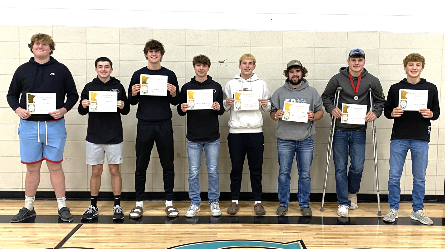 Fillmore Central football had its awards night. Notably, eight Falcons were named All-District: Tyler Gulbranson, Anthony Kiehne, Greg Kennedy, Josh Haugerud, Kane Larson, Atlee Hershberger, Joey Ristau and Bridon Bahl. Kennedy (MVP), Hershberger (Lineman of the Year), Ristau (Defensive Player of the Year), and Bahl (Offensive Player of the Year) won individual Mid-Southeast Blue sub-district awards. Photo by Deb Finseth