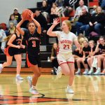 Lanesboro’s Elianna Cassman looks to pass the ball as South Winn’s Vanessa Bullerman defends in the teams’ non-conference affair. The Burros posted a 50-28 win to start the year 3-0. They ended their week falling to Southland in a nailbiter 49-48.