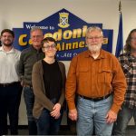 After 12 years serving the residents of Caledonia as their mayor, DeWayne (Tank) Schroeder bids farewell, and thanks his colleagues for their support. Pictured from left to right: Public Works/Zoning Director Casey Klug, City Clerk/Administrator Jake Dickson, Councilors Bob Klug and Amanda Ninneman, Mayor Schroeder, and Councilors David Fitzpatrick and Ryan Stenzel.