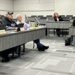 The R-P School Board watches the Truth in Taxation presentation. From left to right: Carl Schollmeier, Ken Sawle, Jeff Michel, Nancy Snyder, Business Manager Toni Oian, Superintendent Dr. Ben Bernard, HR/Payroll Manager Megan Boyum and Acting Chair Amy Woxland. Chris Grindland and Matt Helgemoe were absent.