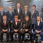 The Mr. Minnesota Football ten finalists. Included is the Mr. Football for 2024, LeRoy-Ostrander senior Camden Hungerholt (front row holding the trophy). He is the first 9-Man player ever to win the prestigious award. Photo by Trevor Carrier